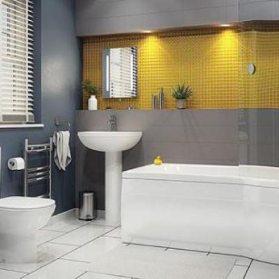 دکوراسیون زرد و خاکستری در حمام و سرویس بهداشتی بروز و نو